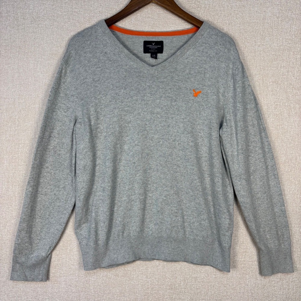 American Eagle Mens V-Neck Sweater Gray Orange Eagle Logo Classic Fit Large